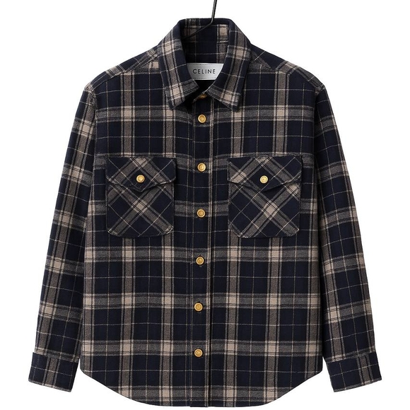 Celine Men's Black and Cream Plaid Button Down Shirt - Picture 1 of 2